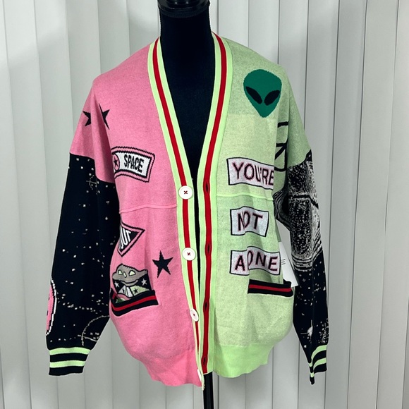 SPIRIT JERSEY Unisex Out Of This World Alien Galaxy Print Sweater Cardigan M - Picture 2 of 16